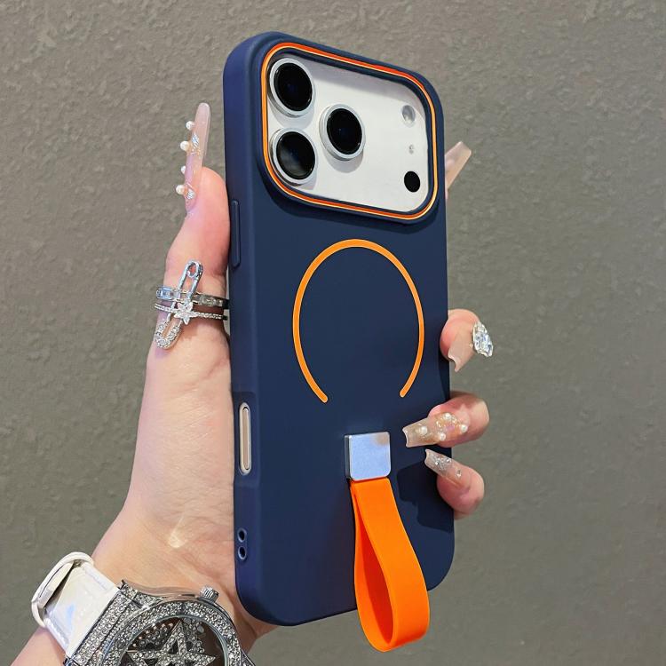 For iPhone 17 Pro Max Skin-feel Magnetic TPU Phone Case with Silicone Strap(Dark Blue)