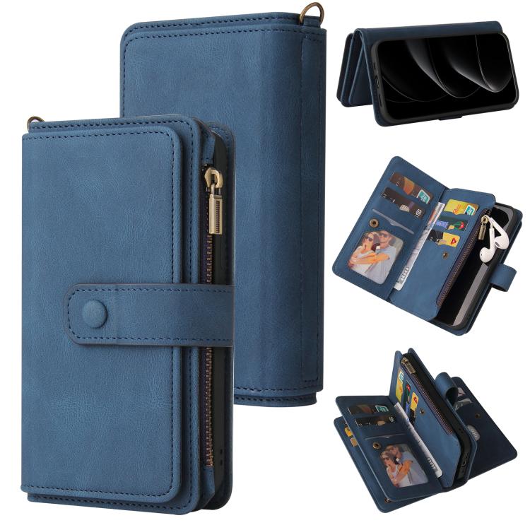 For iPhone 17 Pro Max Skin Feel Multi Card Slots Zipper Wallet Leather Phone Case(Blue)