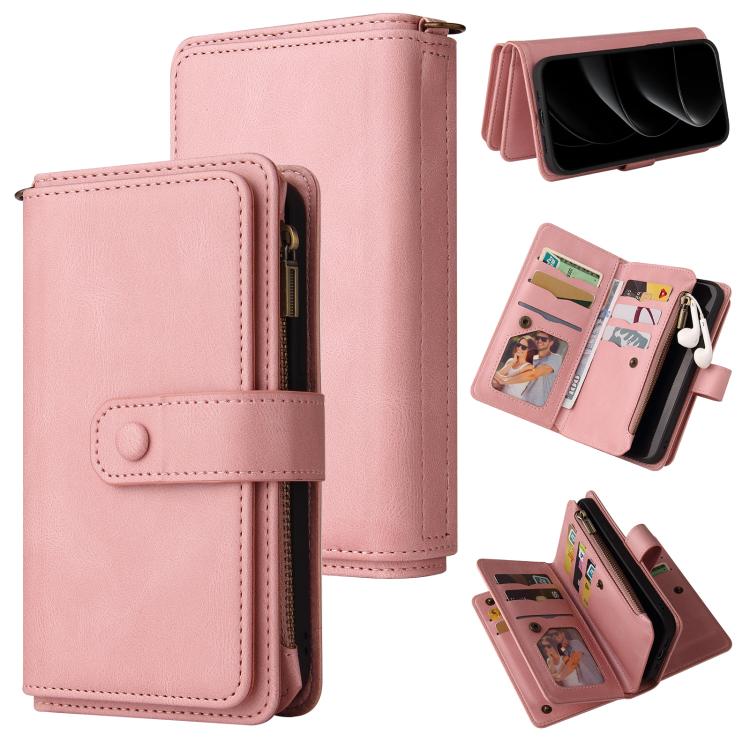 For iPhone 17 Pro Max Skin Feel Multi Card Slots Zipper Wallet Leather Phone Case(Pink)