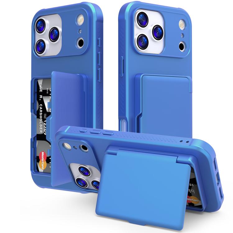 For iPhone 17 Pro Max Skin Feel PC Hybrid TPU Horizontal Hidden Mirror Card Bag Phone Case(Navy Blue)
