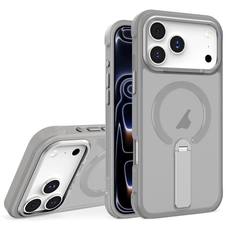 For iPhone 17 Pro Max Skin Feel PC TPU Hybrid Fold Holder Magnetic Phone Case(Grey)