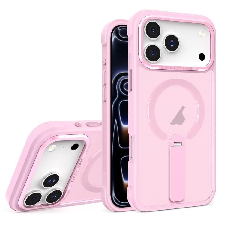For iPhone 17 Pro Max Skin Feel PC TPU Hybrid Fold Holder Magnetic Phone Case(Pink)