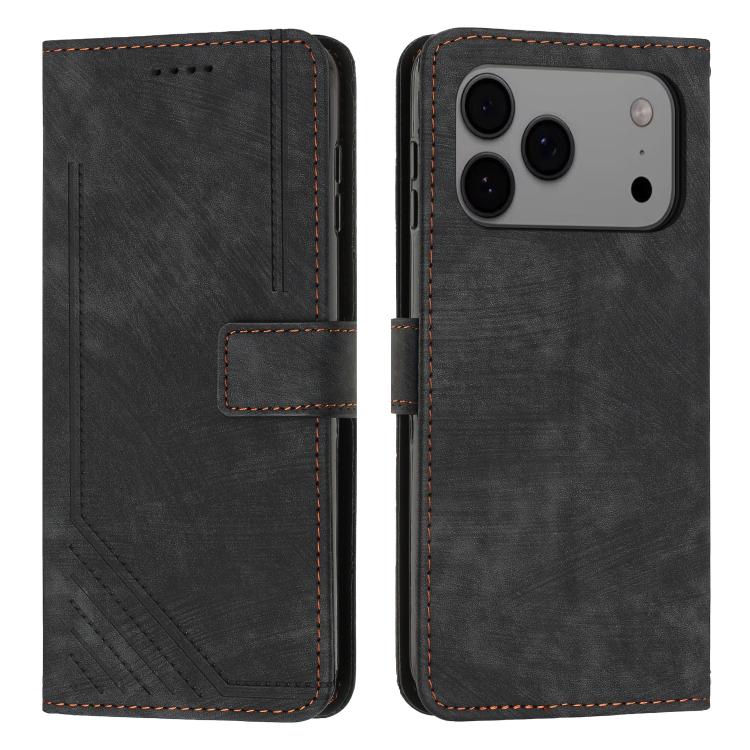 For iPhone 17 Pro Max Skin Feel Stripe Pattern Leather Phone Case with Lanyard(Black)