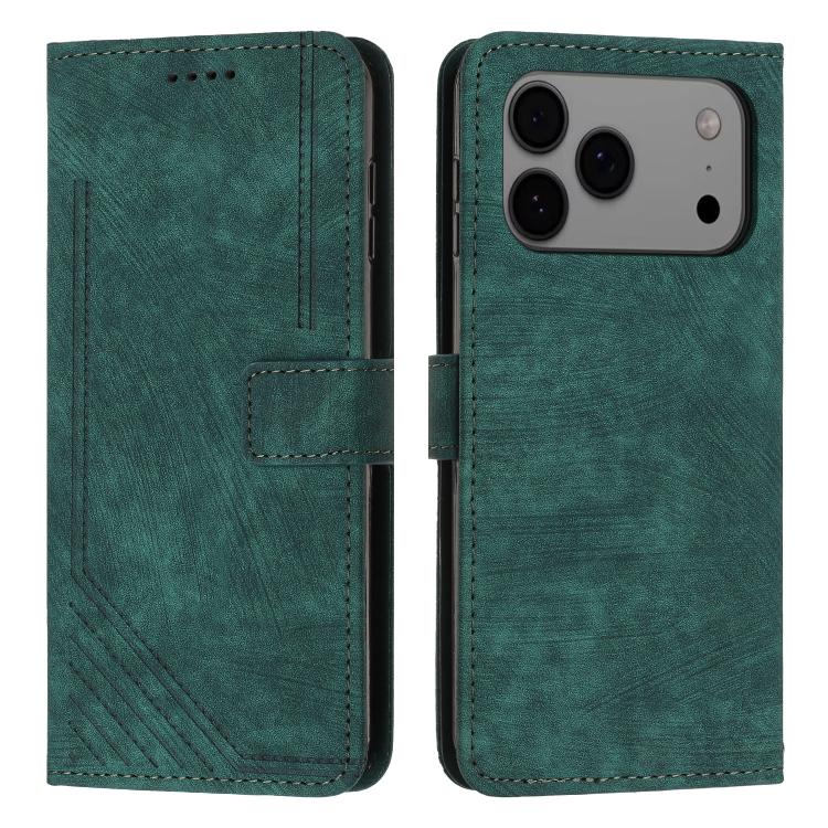For iPhone 17 Pro Max Skin Feel Stripe Pattern Leather Phone Case with Lanyard(Green)