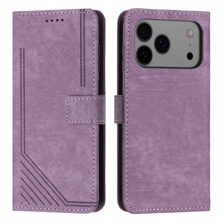 For iPhone 17 Pro Max Skin Feel Stripe Pattern Leather Phone Case with Lanyard(Purple)