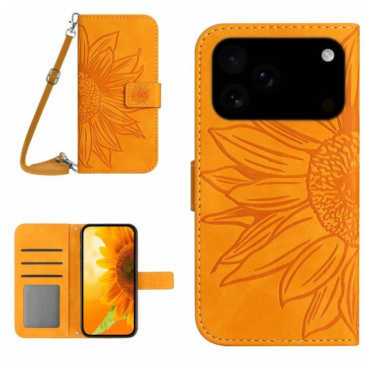 For iPhone 17 Pro Max Skin Feel Sun Flower Embossed Flip Leather Phone Case with Lanyard(Yellow)