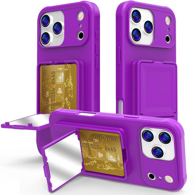 For iPhone 17 Pro Max Skin Feel TPU Hidden Mirror Card Bag Phone Case with Stand(Dark Purple)