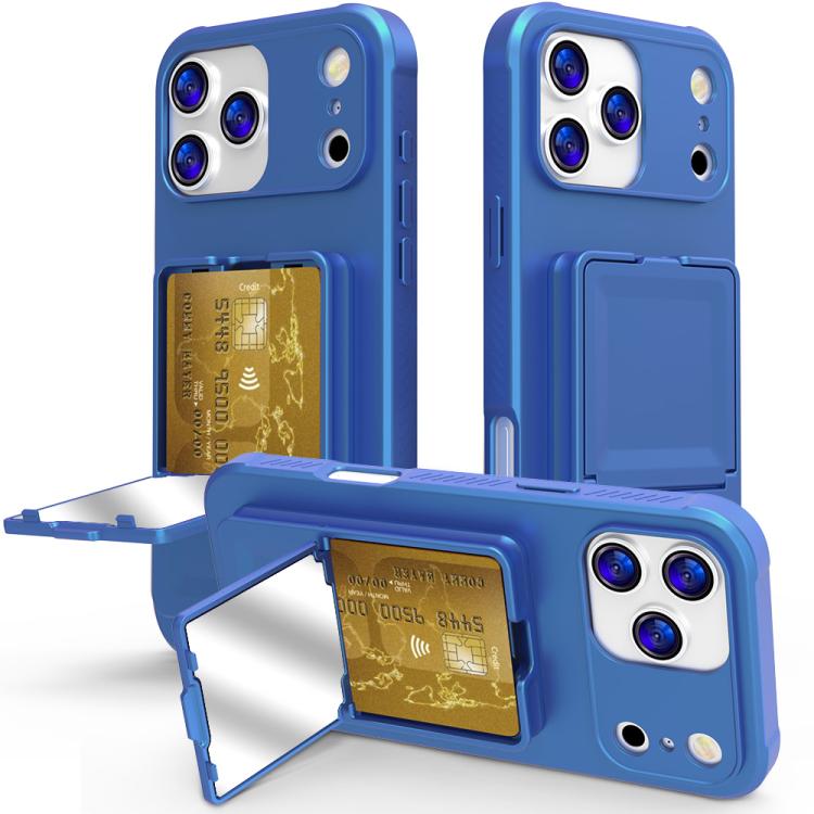 For iPhone 17 Pro Max Skin Feel TPU Hidden Mirror Card Bag Phone Case with Stand(Navy Blue)