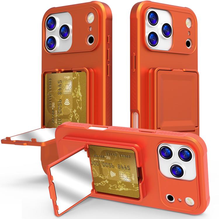 For iPhone 17 Pro Max Skin Feel TPU Hidden Mirror Card Bag Phone Case with Stand(Orange)