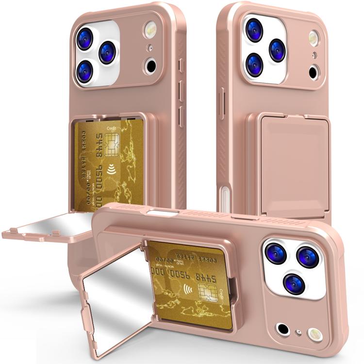 For iPhone 17 Pro Max Skin Feel TPU Hidden Mirror Card Bag Phone Case with Stand(Rose Gold)