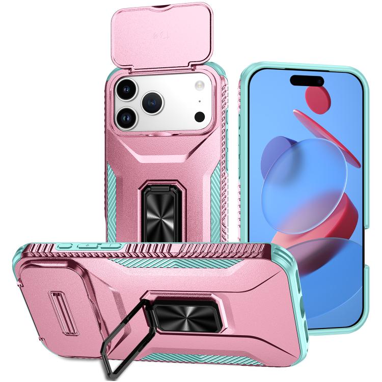 For iPhone 17 Pro Max Sliding Camshield Holder Phone Case(Grey Green + Pink)