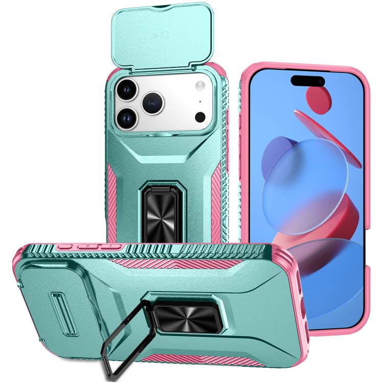 For iPhone 17 Pro Max Sliding Camshield Holder Phone Case(Pink + Grey Green)