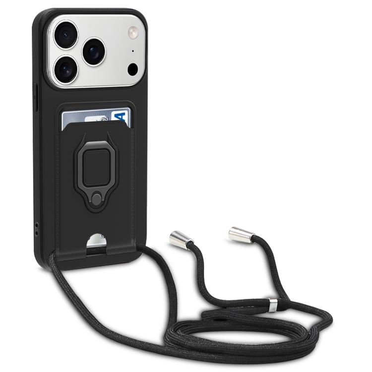 For iPhone 17 Pro Max Sliding Camshield Magnetic Card Holder Silicone Phone Case with Lanyard(Black)