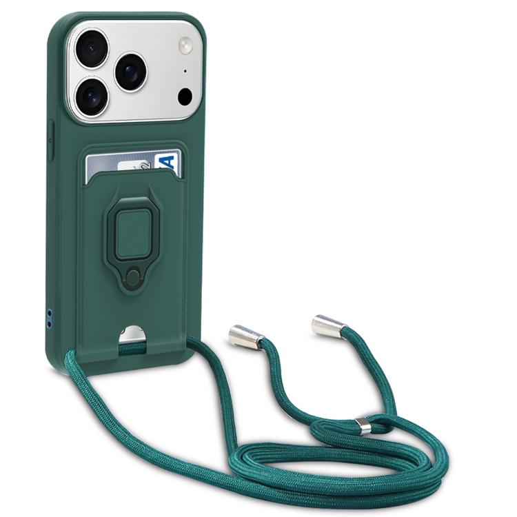 For iPhone 17 Pro Max Sliding Camshield Magnetic Card Holder Silicone Phone Case with Lanyard(Dark Night Green)