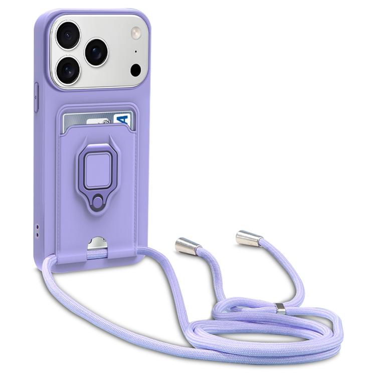 For iPhone 17 Pro Max Sliding Camshield Magnetic Card Holder Silicone Phone Case with Lanyard(Light Purple)