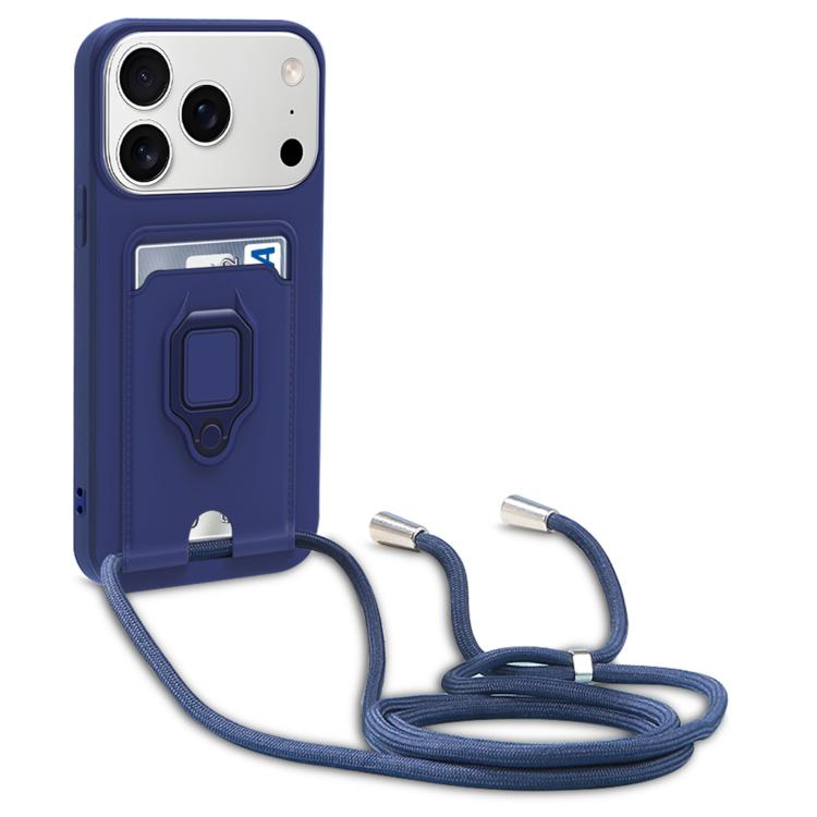 For iPhone 17 Pro Max Sliding Camshield Magnetic Card Holder Silicone Phone Case with Lanyard(Navy Blue)