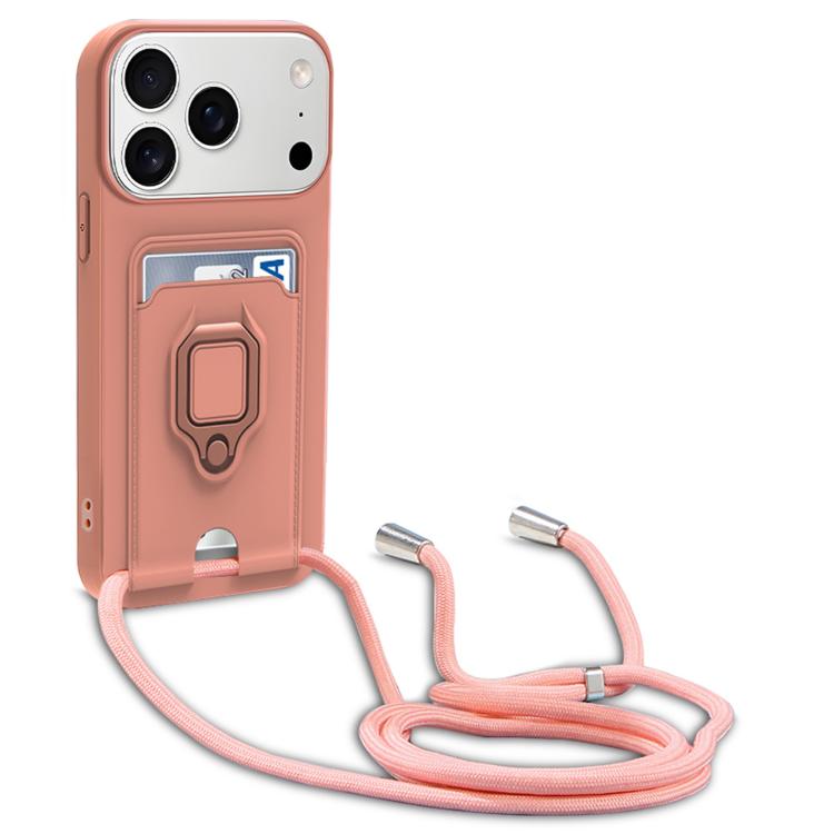 For iPhone 17 Pro Max Sliding Camshield Magnetic Card Holder Silicone Phone Case with Lanyard(Pink)