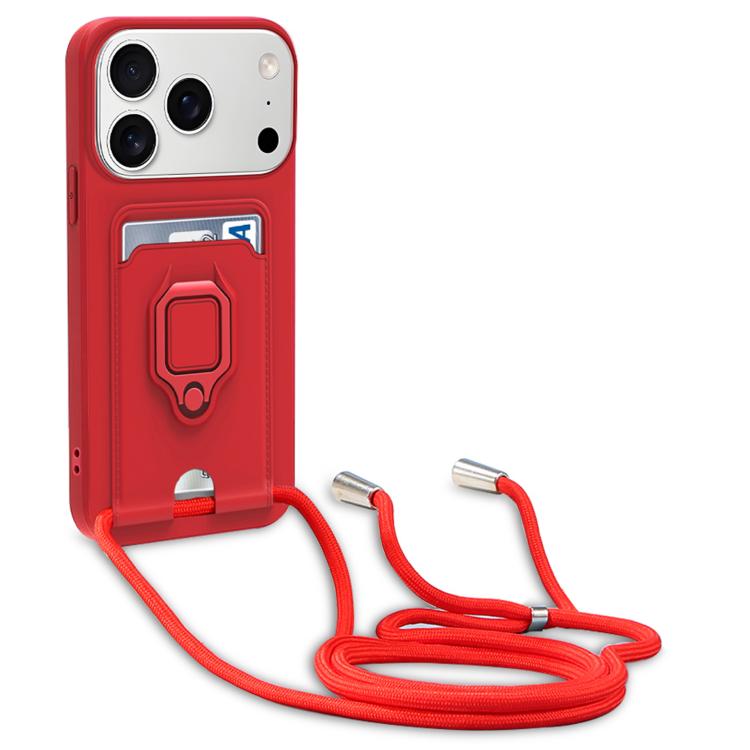 For iPhone 17 Pro Max Sliding Camshield Magnetic Card Holder Silicone Phone Case with Lanyard(Red)