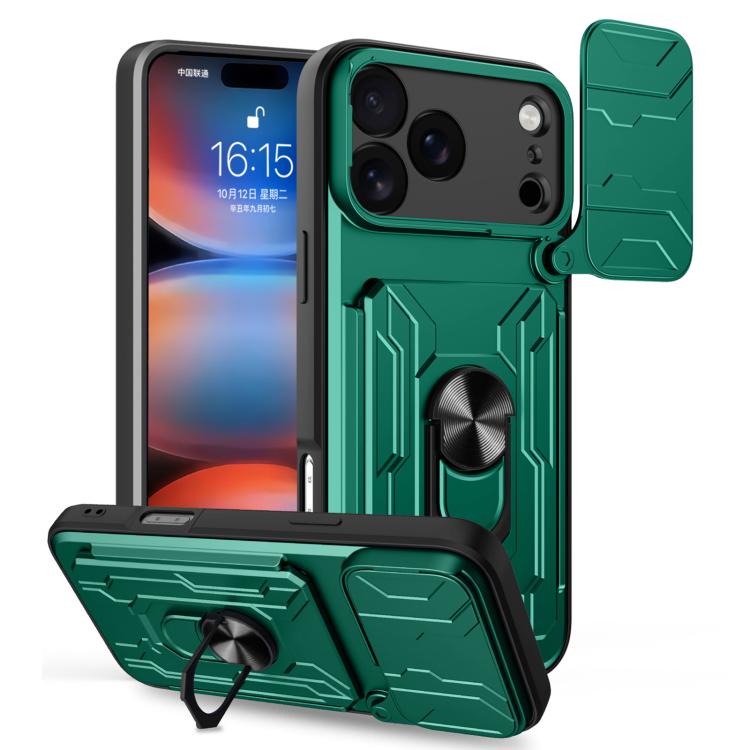 For iPhone 17 Pro Max Sliding Camshield TPU+PC Phone Case with Card Slot(Dark Green)