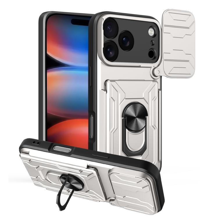 For iPhone 17 Pro Max Sliding Camshield TPU+PC Phone Case with Card Slot(White)