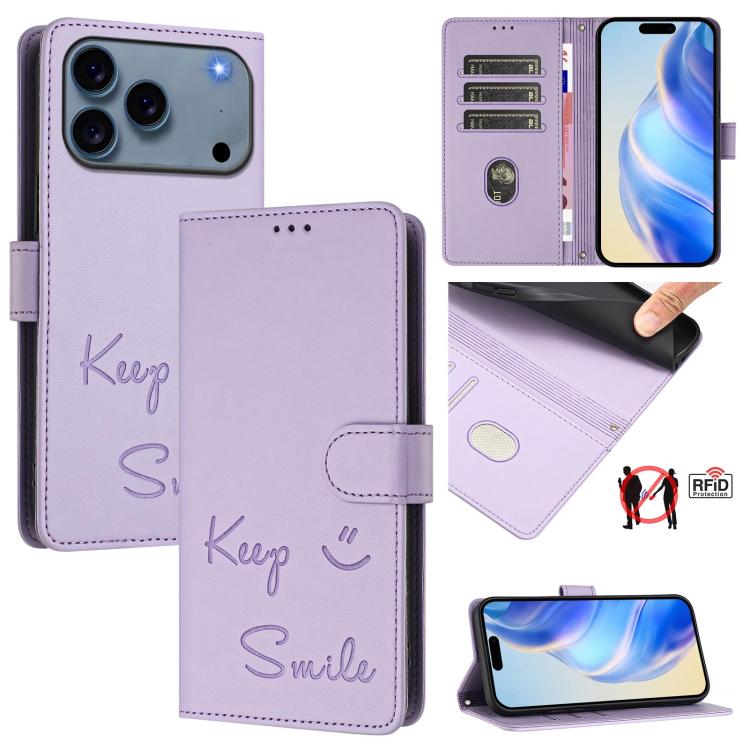 For iPhone 17 Pro Max Smile Embossing RFID Leather Phone Case(Light Purple)