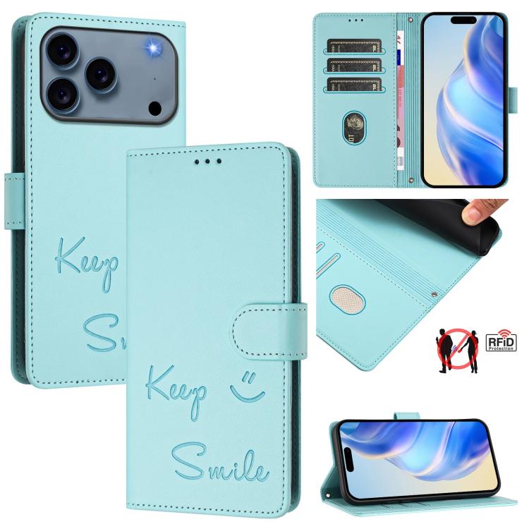 For iPhone 17 Pro Max Smile Embossing RFID Leather Phone Case(Mint Green)
