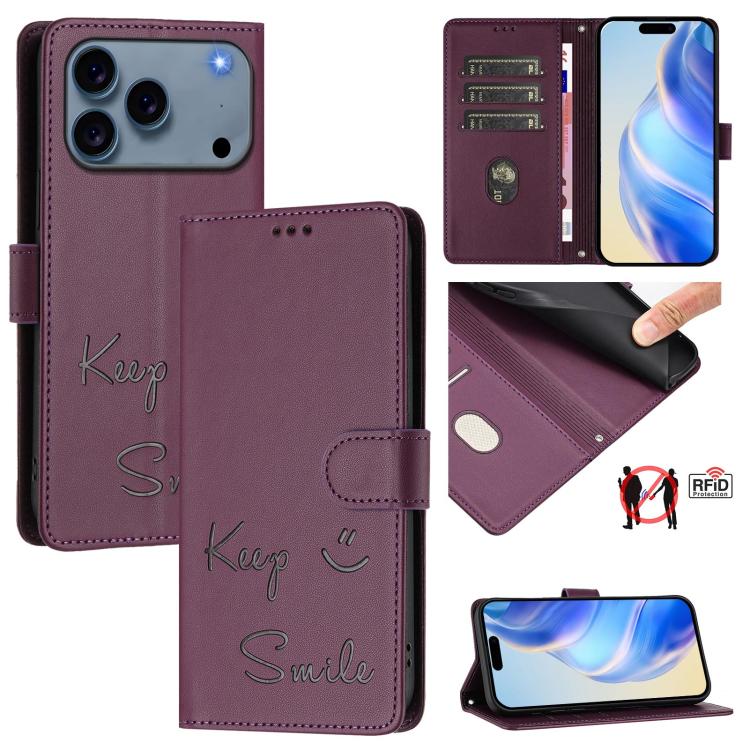 For iPhone 17 Pro Max Smile Embossing RFID Leather Phone Case(Violet)