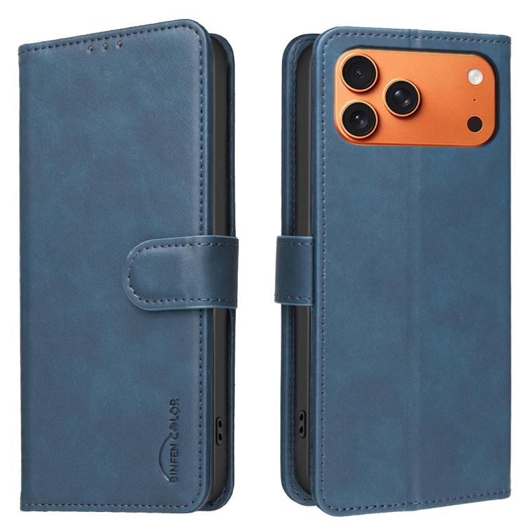 For iPhone 17 Pro Max Solid Color Calfskin Texture RFID Vegan Leather Phone Case(Blue)