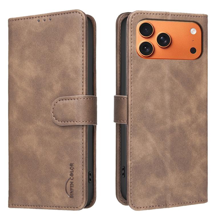 For iPhone 17 Pro Max Solid Color Calfskin Texture RFID Vegan Leather Phone Case(Brown)