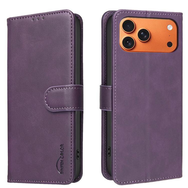 For iPhone 17 Pro Max Solid Color Calfskin Texture RFID Vegan Leather Phone Case(Purple)
