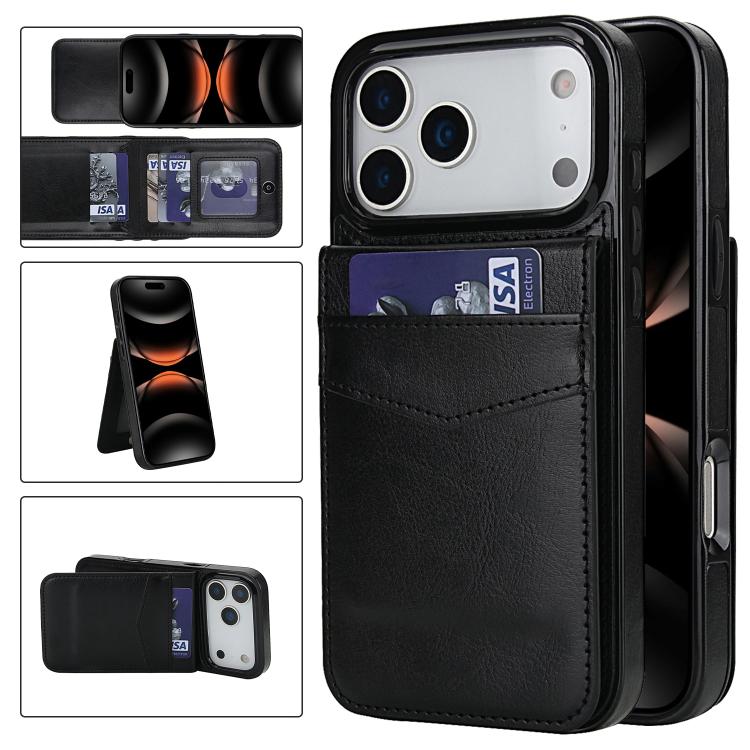 For iPhone 17 Pro Max Solid Color Card Slots Bracket PU Phone Case(Black)