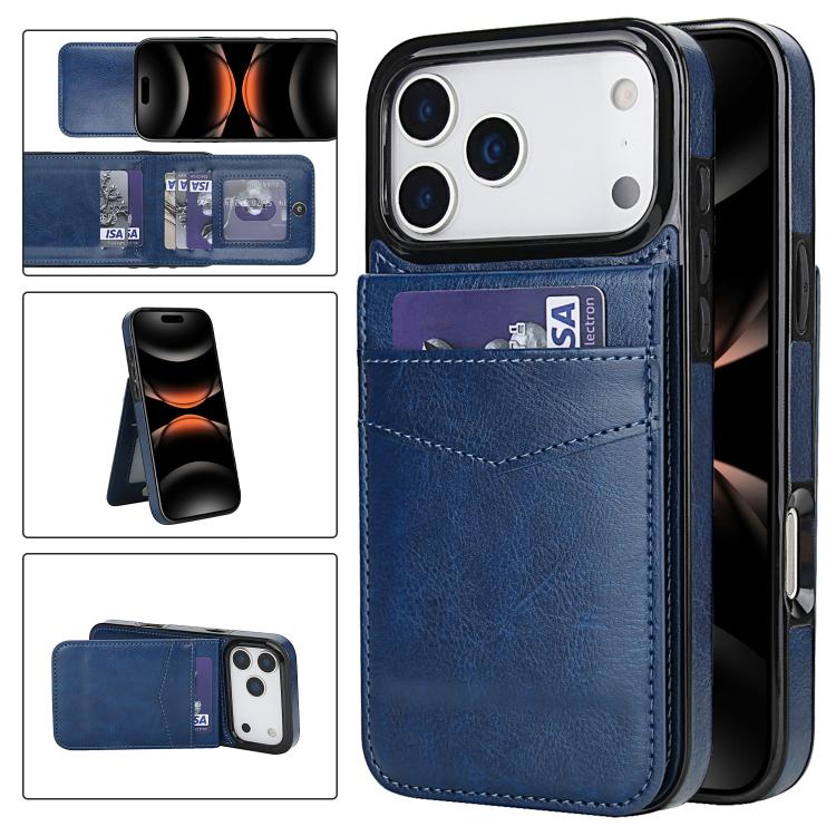 For iPhone 17 Pro Max Solid Color Card Slots Bracket PU Phone Case(Blue)