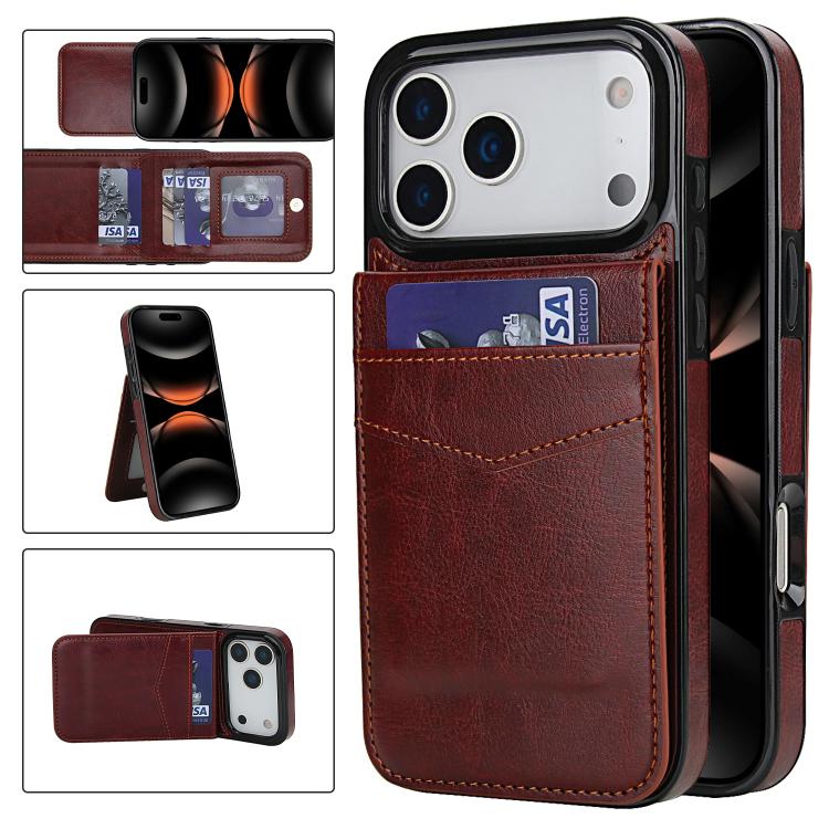 For iPhone 17 Pro Max Solid Color Card Slots Bracket PU Phone Case(Brown)