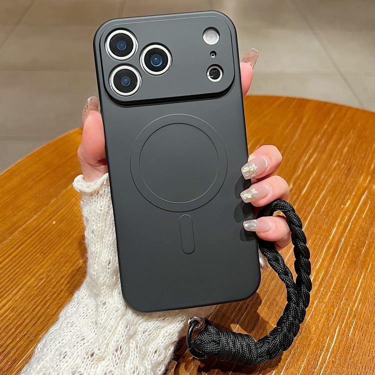 For iPhone 17 Pro Max Solid Color Liquid Silicone Magnetic Phone Case with Lanyard(Black)