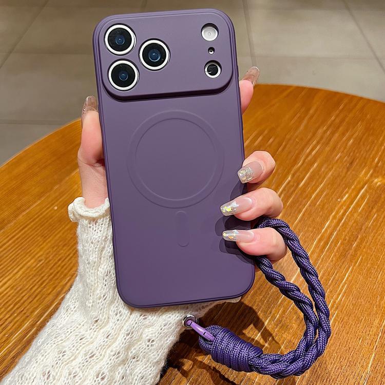 For iPhone 17 Pro Max Solid Color Liquid Silicone Magnetic Phone Case with Lanyard(Dark Purple)