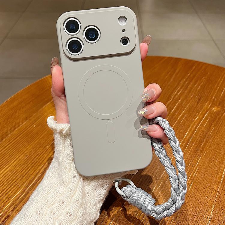 For iPhone 17 Pro Max Solid Color Liquid Silicone Magnetic Phone Case with Lanyard(Grey)