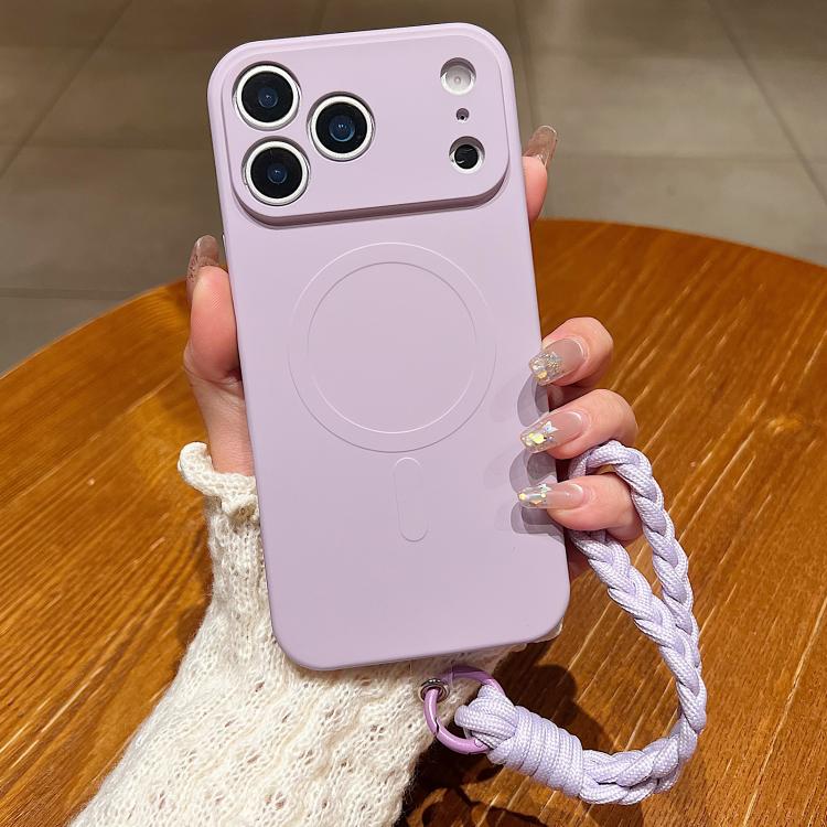 For iPhone 17 Pro Max Solid Color Liquid Silicone Magnetic Phone Case with Lanyard(Lilac)
