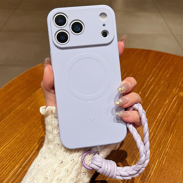 For iPhone 17 Pro Max Solid Color Liquid Silicone Magnetic Phone Case with Lanyard(Lilac Purple)