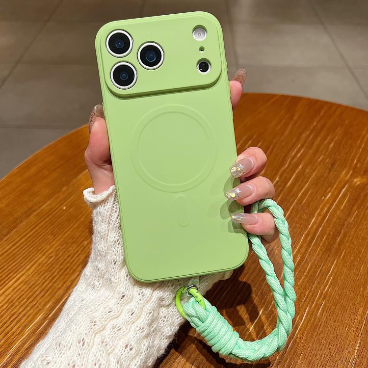 For iPhone 17 Pro Max Solid Color Liquid Silicone Magnetic Phone Case with Lanyard(Matcha Green)
