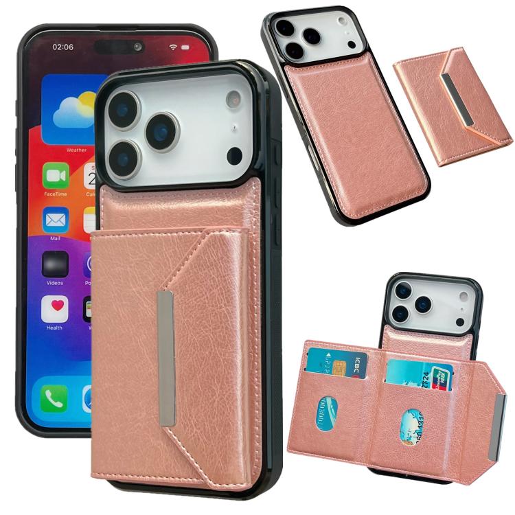 For iPhone 17 Pro Max Solid Color Metal Buckle Card Slots Bag Phone Case(Rose Gold)