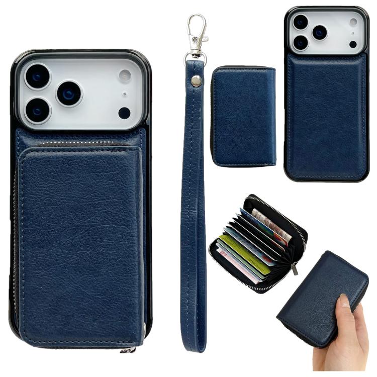 For iPhone 17 Pro Max Solid Color Zipper 11-Card Slots Bag Phone Case with Lanyard(Blue)