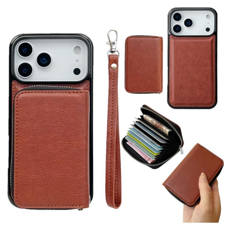 For iPhone 17 Pro Max Solid Color Zipper 11-Card Slots Bag Phone Case with Lanyard(Brown)
