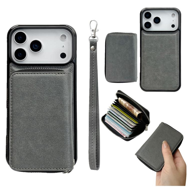 For iPhone 17 Pro Max Solid Color Zipper 11-Card Slots Bag Phone Case with Lanyard(Grey)