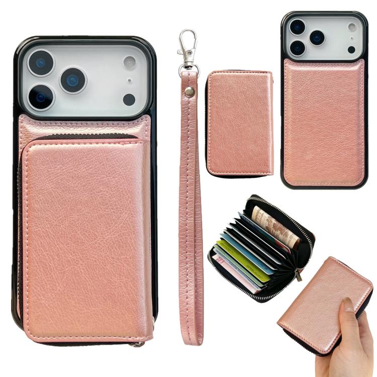 For iPhone 17 Pro Max Solid Color Zipper 11-Card Slots Bag Phone Case with Lanyard(Rose Gold)