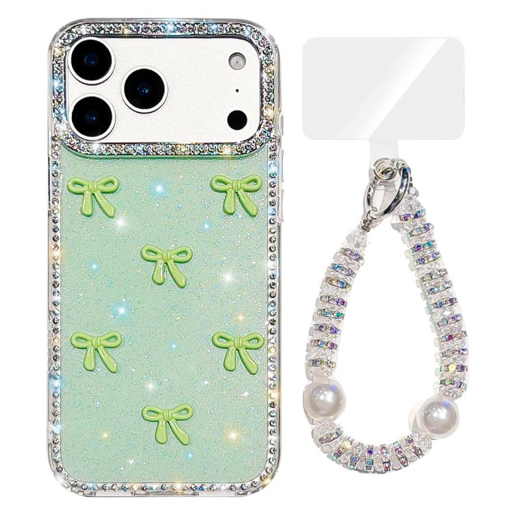 For iPhone 17 Pro Max Sparkling IMD Colorful Bow Phone Case with Bracelet(Glitter Light Green)