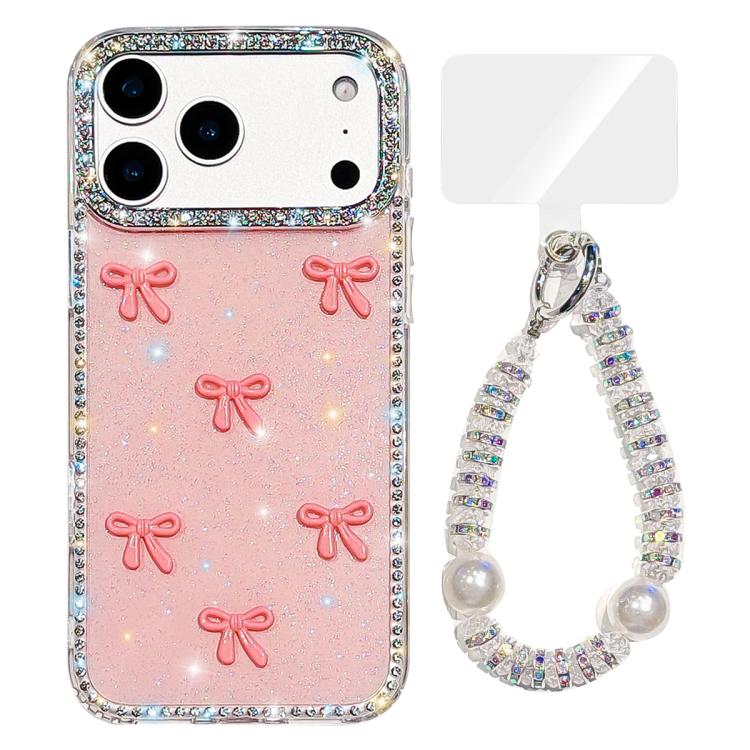 For iPhone 17 Pro Max Sparkling IMD Colorful Bow Phone Case with Bracelet(Glitter Light Pink)