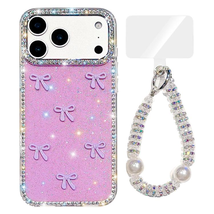 For iPhone 17 Pro Max Sparkling IMD Colorful Bow Phone Case with Bracelet(Glitter Light Purple)