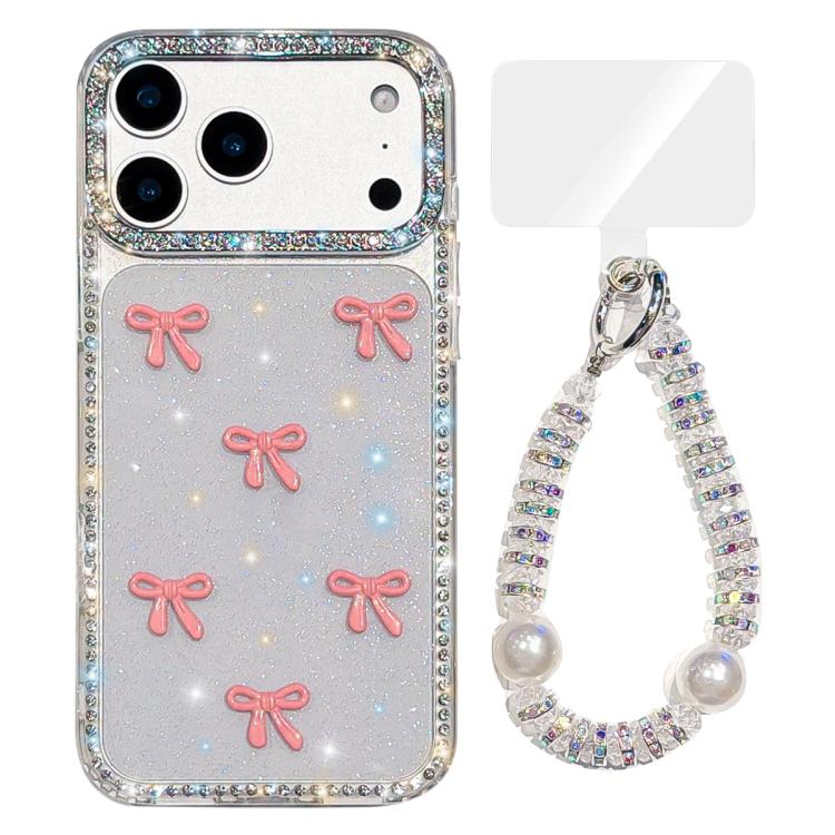 For iPhone 17 Pro Max Sparkling IMD Colorful Bow Phone Case with Bracelet(Glitter Transparent)
