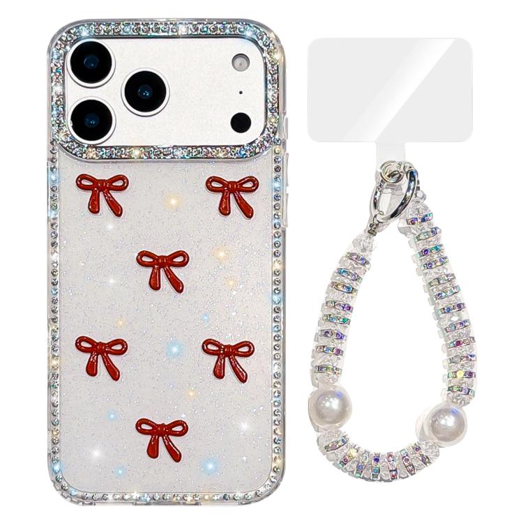 For iPhone 17 Pro Max Sparkling IMD Colorful Bow Phone Case with Bracelet(Glitter White)