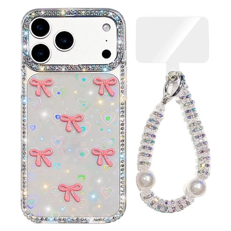 For iPhone 17 Pro Max Sparkling IMD Colorful Bow Phone Case with Bracelet(Love Transparent)